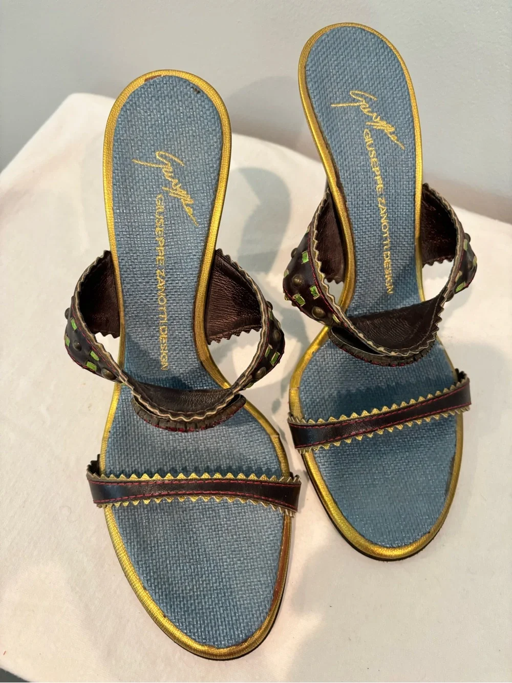 Giuseppe Zanotti Denim Slide Heels with Multicolor Crystal Detail